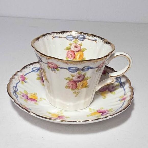 Royal Albert Teacup and Saucer Purple Yellow Flowers Bows - Picture 2 of 9